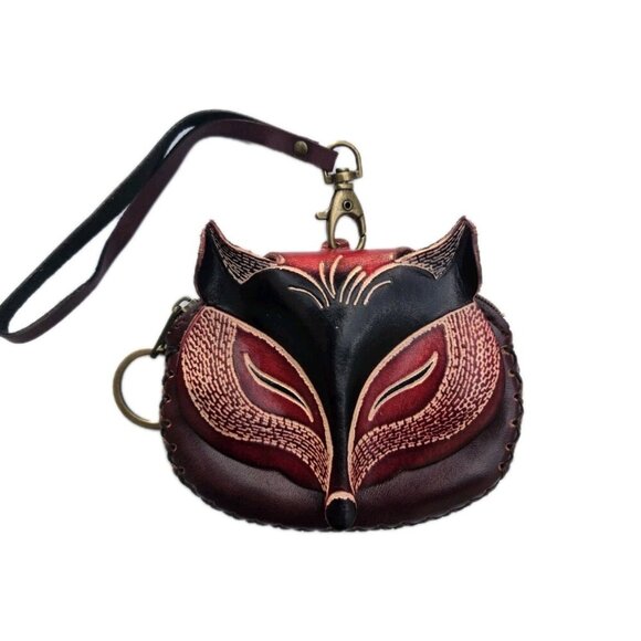 New Red Brown Genuine Leather Handmade Fox Coin Purse Wristlet Key Case - Picture 2 of 4